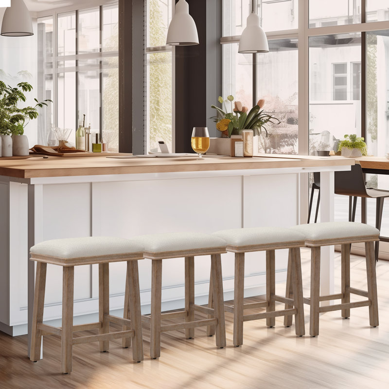 24" Backless Kitchen Counter Stool With Sponge Upholstery(set Of 4), Walnut, White