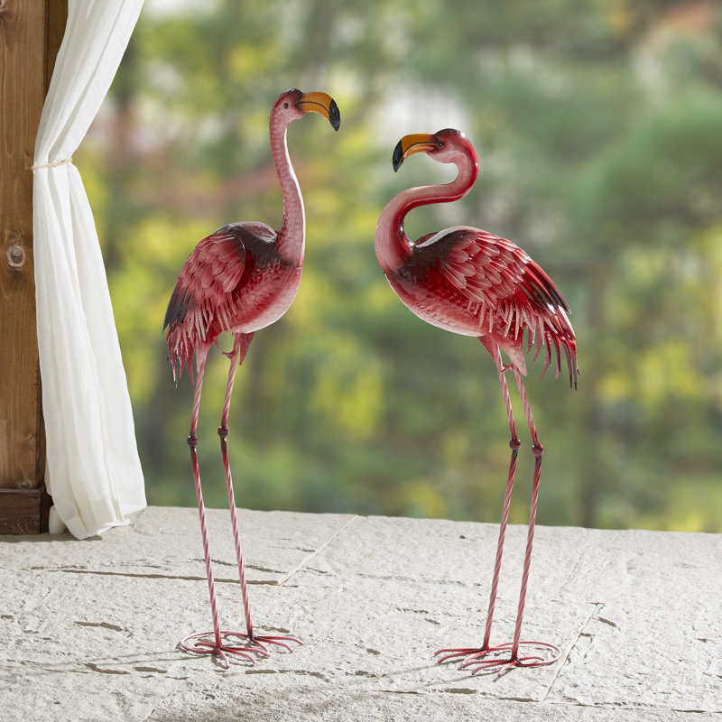Statue de jardin flamant rose en métal 2 pièces 36-38 pouces