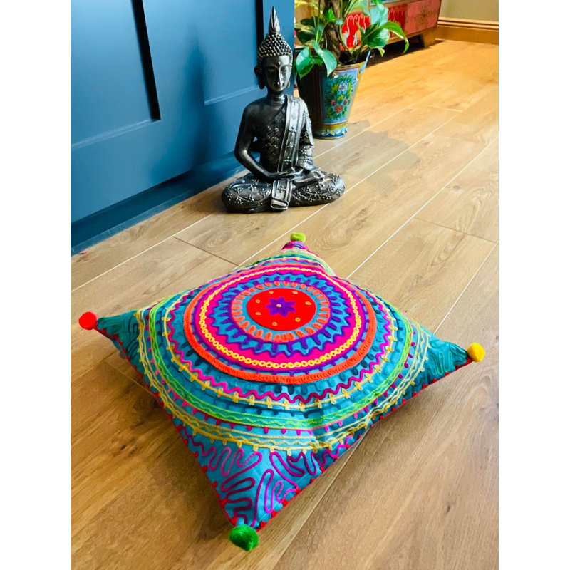 Handmade Embroidered Multi Colour Bohemian Vibrant 40 cm x 40 cm Cushion Covers Three Designs, Turquoise