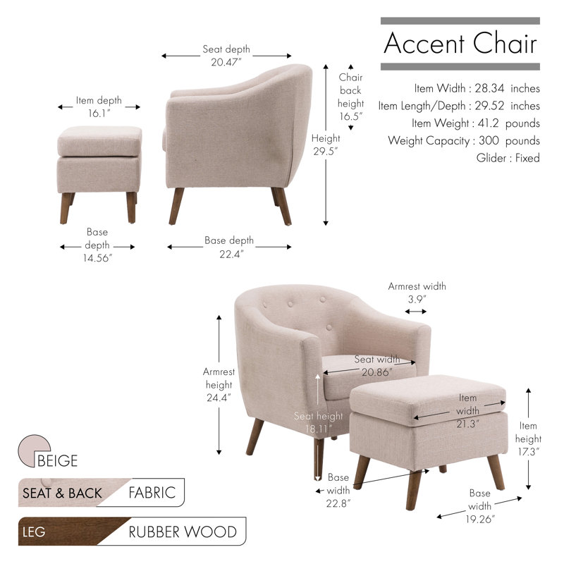 Arlaith Linen Upholstered Accent Chair with Ottoman, Rubberwood Legs, Beige Linen
