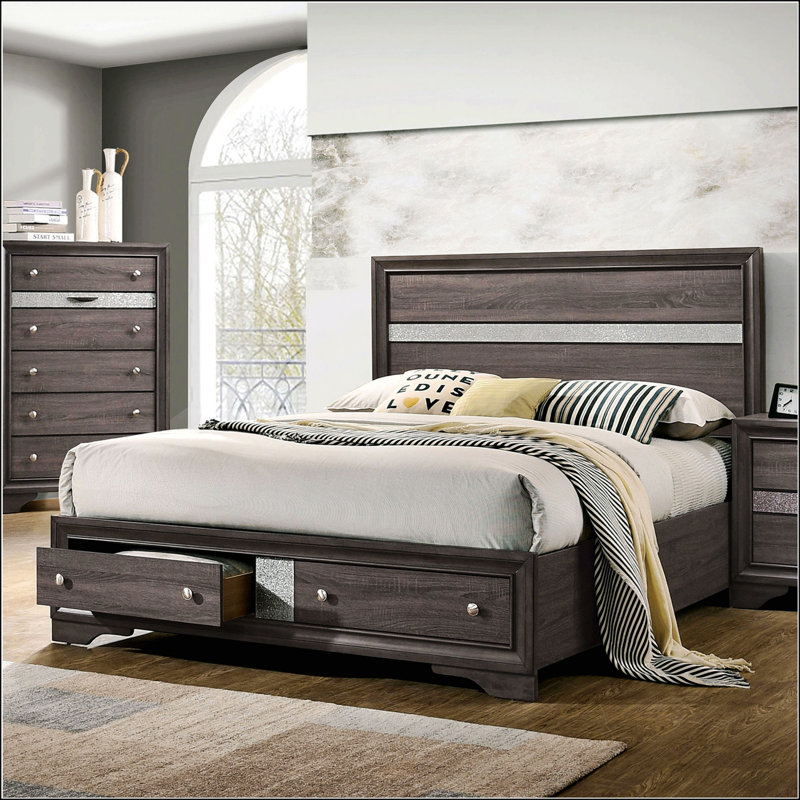 Grand lit avec tiroirs, Grand lit, Gris, Bois massif
