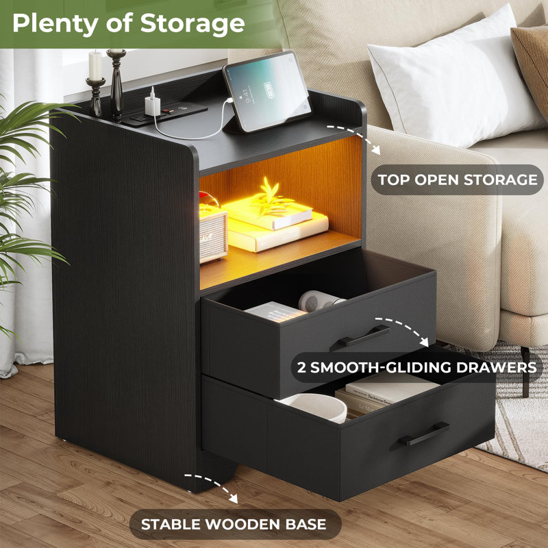 Black Dressing Table For Bedroom, Led Nightstand With Charging Station, Side Table With Usb Port, Nightstand With 2 Fabric Drawers And Open Bedroom Compartment, Set Of 2