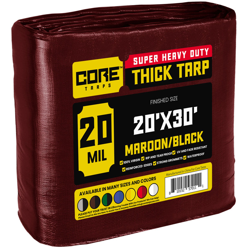 Bâche en polyéthylène robuste Maroon 20 mil, imperméable, résistante aux rayons UV, 20 x 30