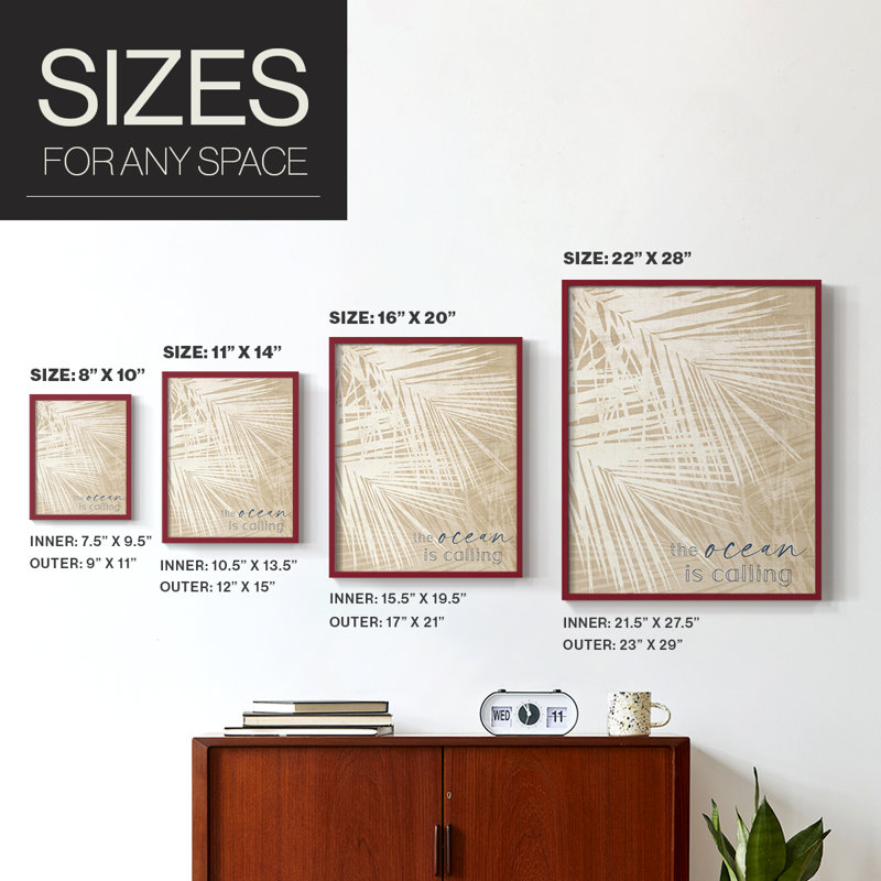 Ocean Calling Palms Framed Print - Solid Wood, 10" H x 8" W, Red