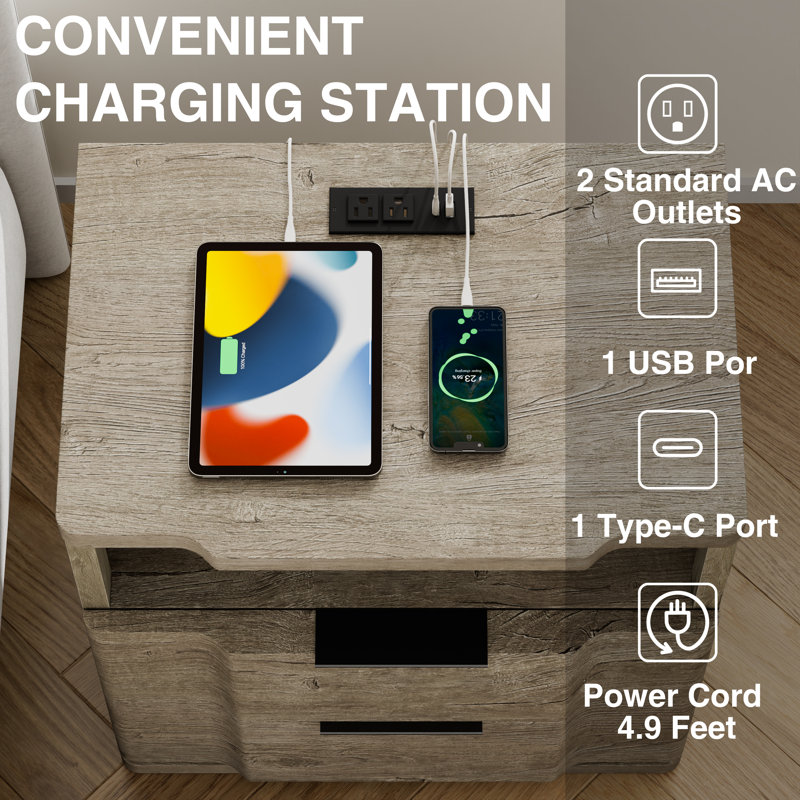 Tablette de chevet sculpturale à deux tiroirs avec tablettes ouvertes et prise de courant USB Type-C, Gris clair patiné, 2