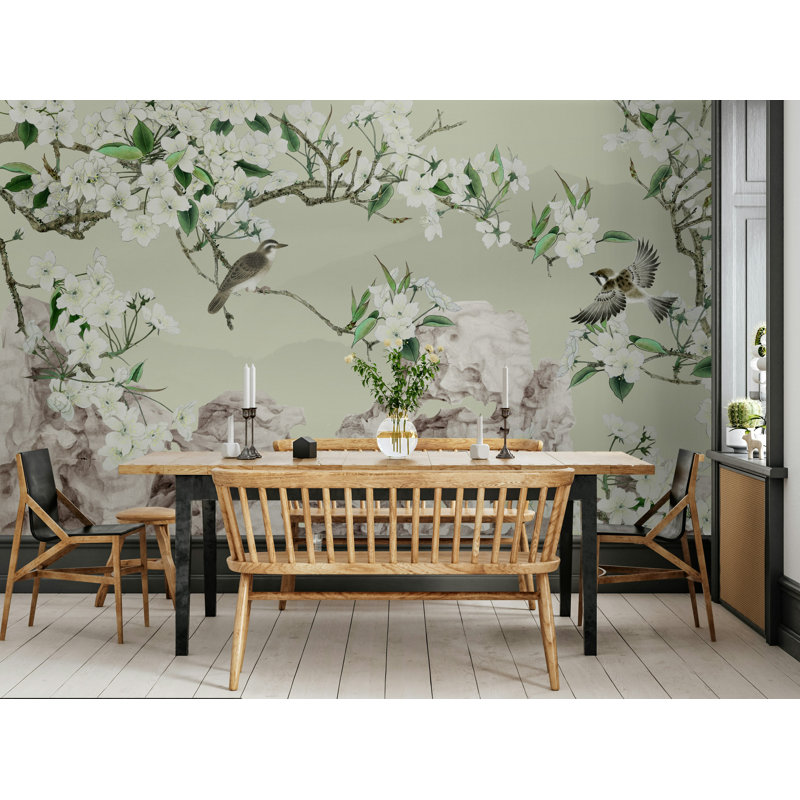 Papier peint vert cerisier cerisier en fleurs, L 75 po x l 112 po
