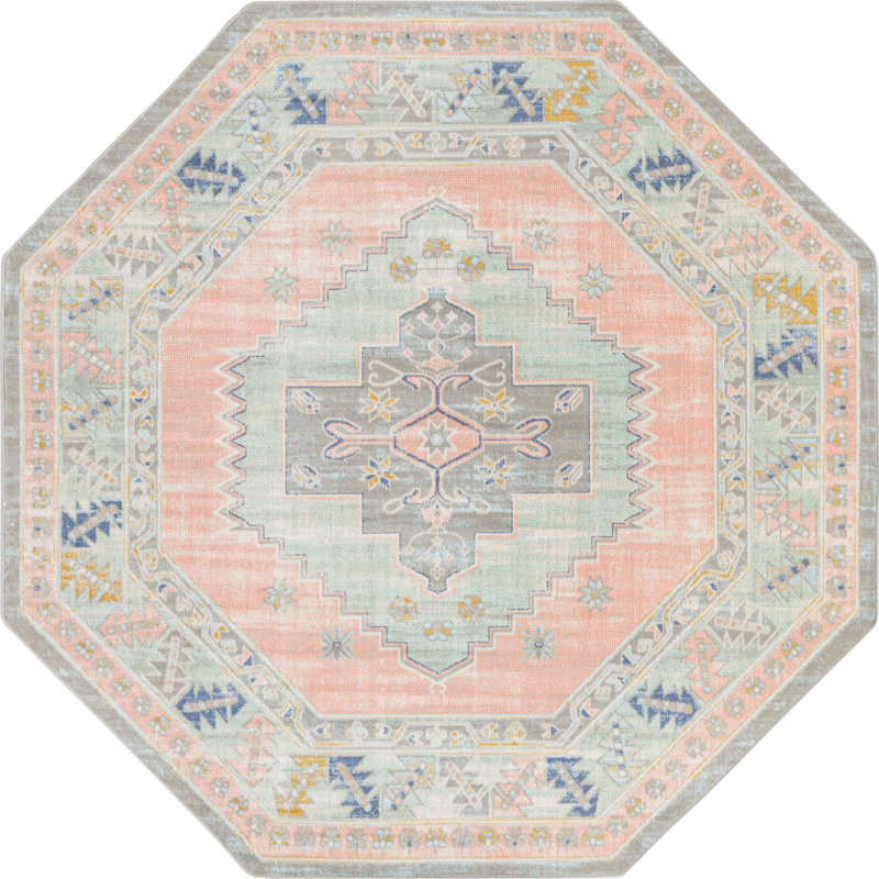 Tapis oriental rose poudré Pointe, Octogone 7 pi x 7 pi