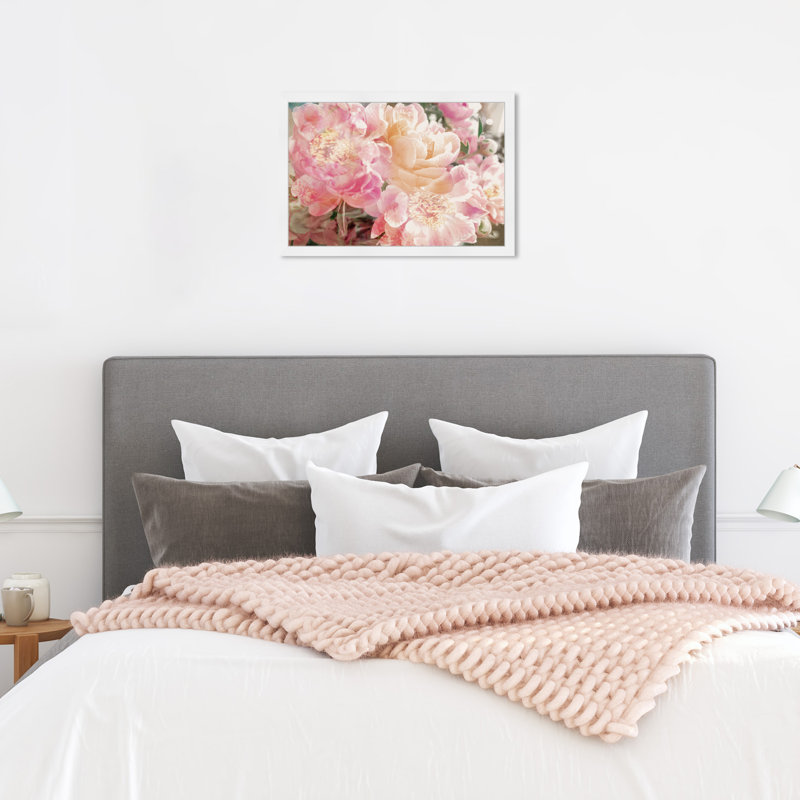 Fleurs roses, pivoines, impression sur papier, Cadre blanc, H 18 po x l 26 po