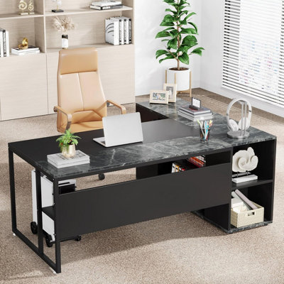Bureau de direction en L 71 po avec armoire de rangement et tablettes, grand bureau d'ordinateur industriel, poste de travail professionnel avec meuble pour imprimante et support pour unité centrale, noir