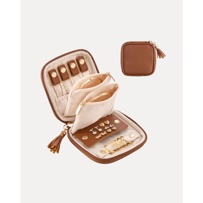 Mini-étui à bijoux de voyage, pochette en cuir PU souple - Caramel, Caramel