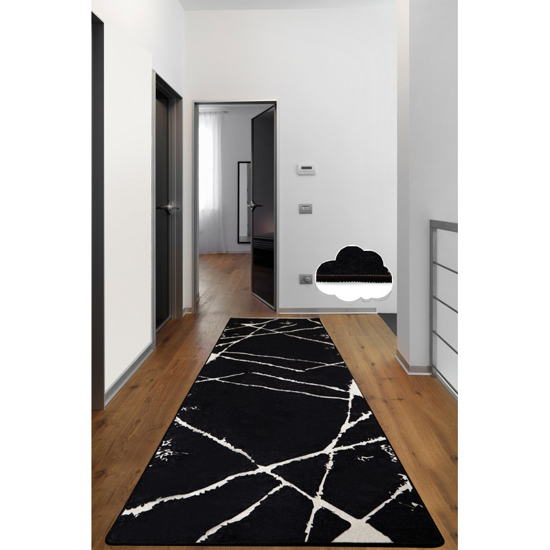 Stylish Hall Carpet (3.3 x 4.9 ft), Black & White, 100% Polyester | 0.16 in Pile Height, Antibacterial, Non-Slip Felt Dot Underside, Machine Washable | Perfect for Modern Home Decor, Easy Care & Elegant Design