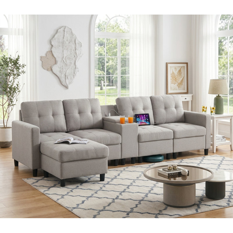 Kentrell Sectional Sofa With USB Ports & Cup Holders, Light Gray Polyester Blend