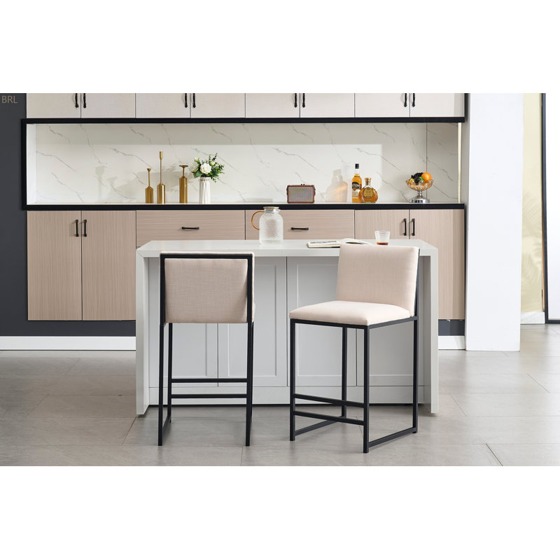 Counter Height Bar Stools Set Of 2, Upholstered Linen Bar Chairs, Metal Footrest And Frame For Kitchen,Dining Room, Ivory