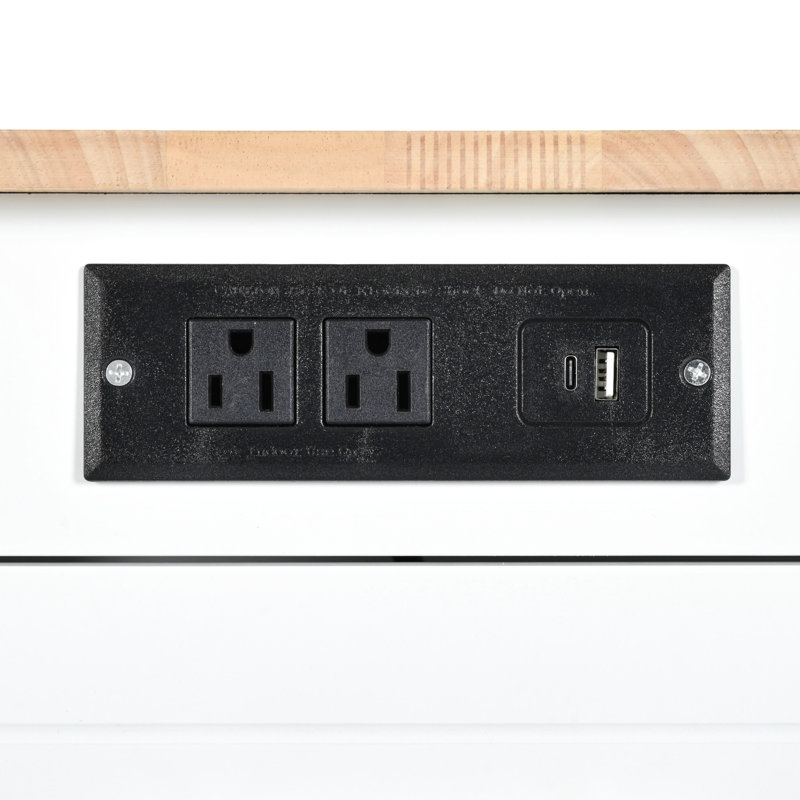 Îlot de cuisine classique avec porte-poubelle, tablettes réglables, 5 roulettes cachées, poubelle de luxe blanche, bloc d'alimentation, 3 tiroirs, style ouvert