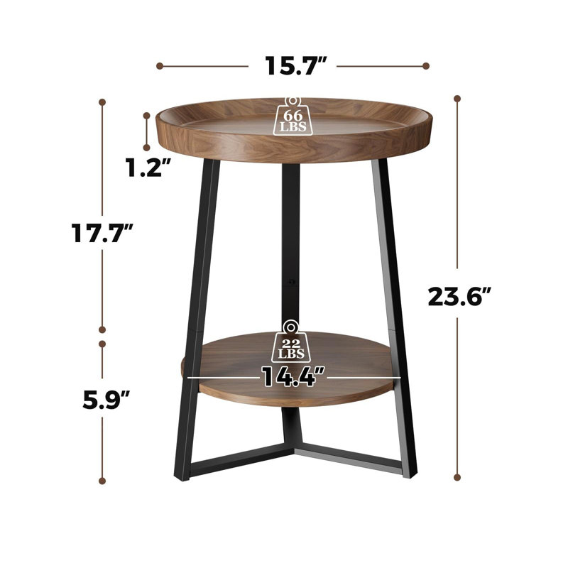 Brown Round Wood and Metal End Table with Storage Shelf