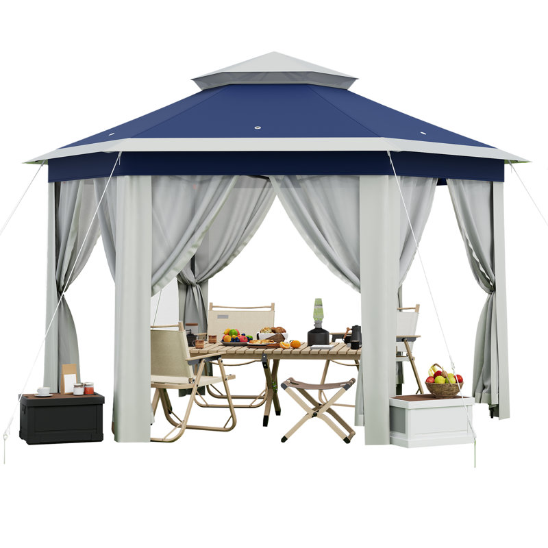 Pavillon de jardin extérieur pour patio, tente à auvent escamotable avec moustiquaire, tente de réception robuste, Bleu