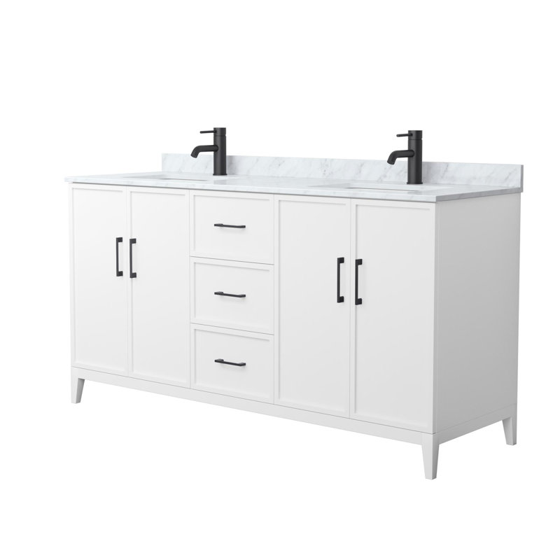 Elan Double Bathroom Vanity with Marble Top, White, Matte Black, 66"