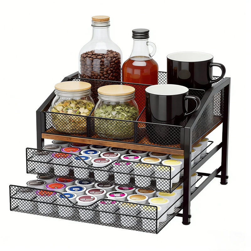 Organisateur de bar à café avec tiroir et panier grillagé, station de café en métal et en bois pour le comptoir, organisation de comptoir multifonctionnelle pour le thé, café, entrée de bureau et cuisine