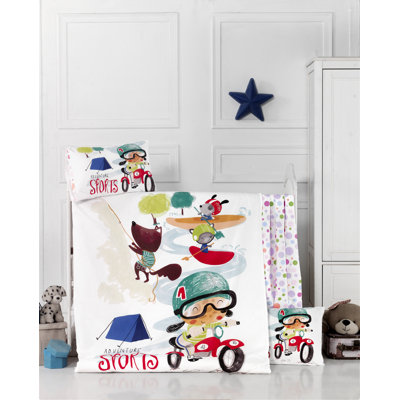 Ensemble de housse de courtepointe 100% coton Ranforce Baby, 39,4 po x 59,1 po | Comprend 2 taies d'oreiller (13,8 x 17,7 pouces), housse de couette à fermeture à boutons | Lavable à la machine, doux et durable, couleurs vives: blanc, rouge, vert, turq