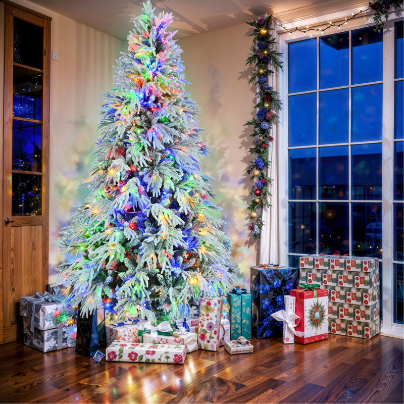 Arbre de Noël enneigé en épinette pré-éclairé, arbre de Noël articulé artificiel avec 350 lumières DEL multicolores, 8 modes de clignotement et 1389 pointes de branches de neige, décoration de bureau de vacances