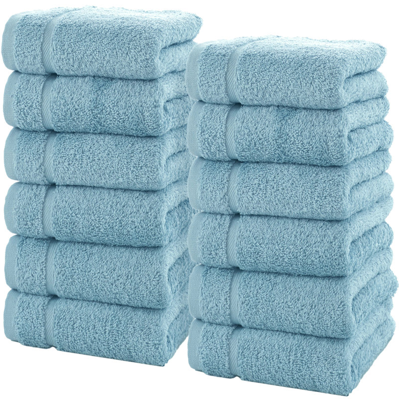 12-Pack Turkish Cotton Washcloth Set, 13x13 Inch 600 GSM Face Towels, Light Blue