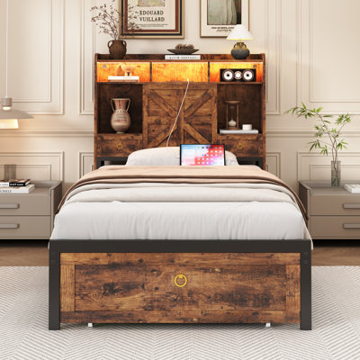 Lit coffre industriel de style ferme, taille simple, avec tiroirs extra larges au pied du lit et tête de lit avec rangement, poste de recharge USB et secteur, éclairage RVB via application et télécommande, silencieux, sans sommier requis.