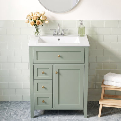 24 Inch White Ceramic Integrated Basin Freestanding Vanity with Green MDF Cabinet,Solid Rubber Wood,3 Drawer with Drawer Slide Rail,1 Door with Hinges,1 Tip-out Drawer,Golden Metal Handle,No Faucet,Three-Hole,4" Centerset,Green,Painted Finish