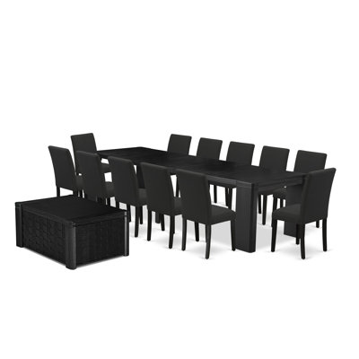 Ensemble de table de salle à manger 14 pièces comprenant une table de salle à manger rectangulaire avec une table basse et 12 chaises en tissu de lin noir, noir brossé