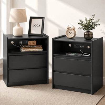 Table de chevet moderne blanche / noire avec station de charge, 2 tiroirs et tablette ouverte