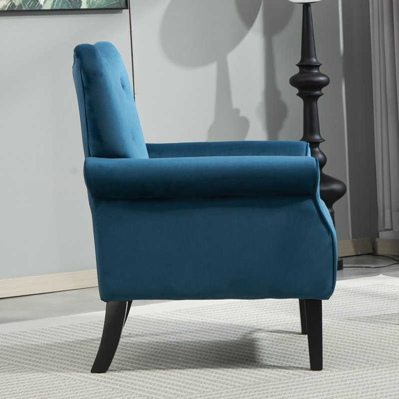 upholstery modern armchair with wood legs and wing back, Navy Blue Polyester