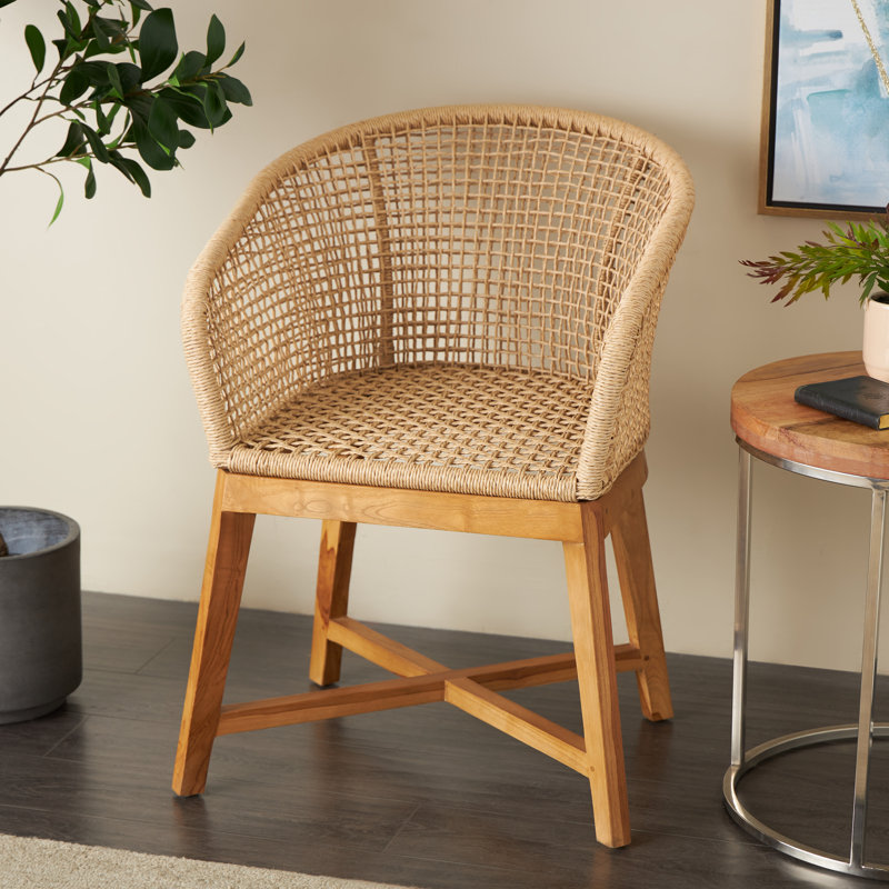 Cole And Grey Plastic Rattan Handmade Woven Rounded Living Room Light Brown Accent Chair With Teak Frame