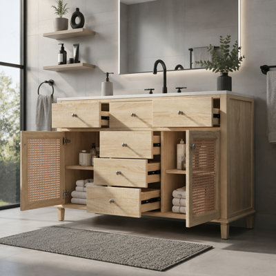 Meuble-lavabo en rotin naturel 48 po, structure en bois massif, 5 tiroirs, 2 portes d'armoire en rotin avec lavabo en céramique de qualité supérieure