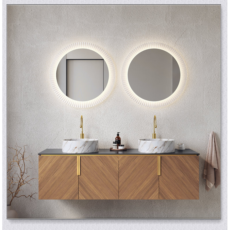 Meuble-lavabo 60 po avec lavabo, armoire de rangement murale moderne en contreplaqué flottant avec 4 portes, comptoir en pierre frittée noire et 2 lavabos ronds blancs en céramique, espresso