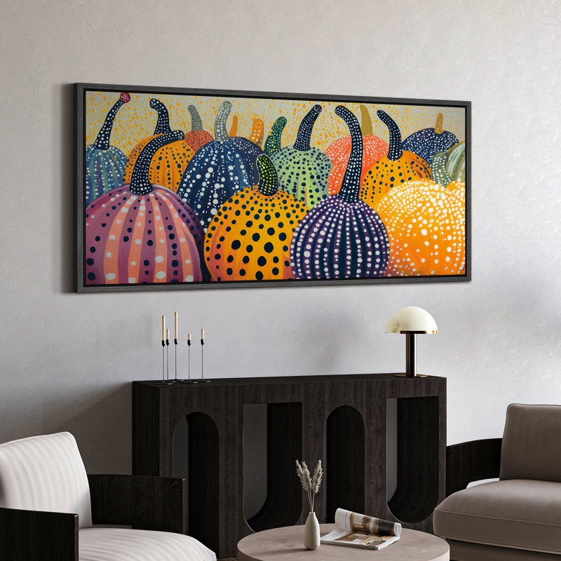 Toile encadrée de citrouilles à pois colorées - décor d'automne fantaisiste de style Pop Art, Noir, H 30 po x l 60 po