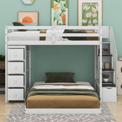 Jaevin Twin Over Full Bunk Bed with 3-layer Shelves, Drawers and Storage Stairs -  Harriet Bee, 27E434DB417C416880561FCE0926B0C4