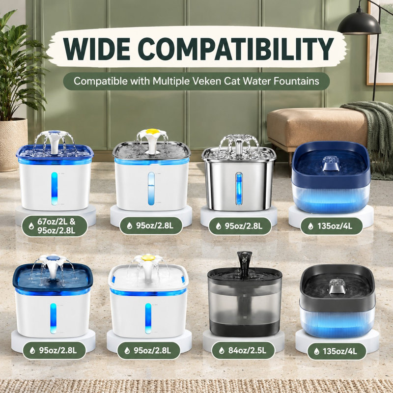 Ensemble de 12 filtres de rechange à triple filtration pour fontaines pour animaux de compagnie, offerts en trois tailles : 95 oz/2,8 L, 67 oz/2 L et 135 oz/4 L.