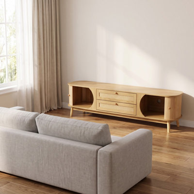 Rattan TV Stand for TVs up to 75'', Modern Farmhouse Media Console, Entertainment Center with Solid Wood Legs, TV Cabinet for Living Room,Home Theatre