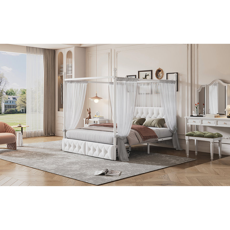 White Queen Size Canopy Platform Bed With Upholstered Headboard And Two Storage Pockets, Inviting Metal & 2 Unit Drawers,