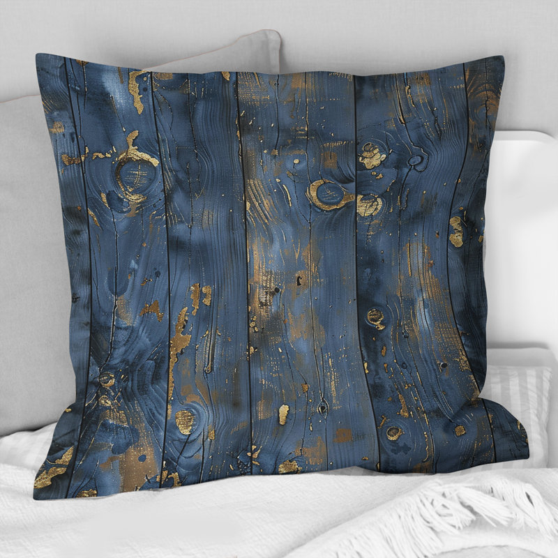 Bleu marine et bois récupéré doré II - Coussin Farmhouse, Carrée, 16" x 16"