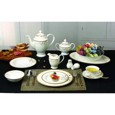 La Luna Bone China 57-Piece 24K  Floral Design Dinnerware Set, Service For 8