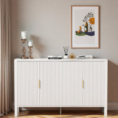 Modern Stripe Door Sideboard With Back-of-door Storage Racks, Side Hooks, Adjustable Shelves And Aluminum Handles