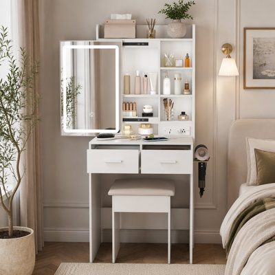 Small Makeup Vanity Desk with Adjustable LED Mirror, Built-in Power Outlet & Storage Drawers, Dressing Table Set with Padded Stool for Small Bedrooms