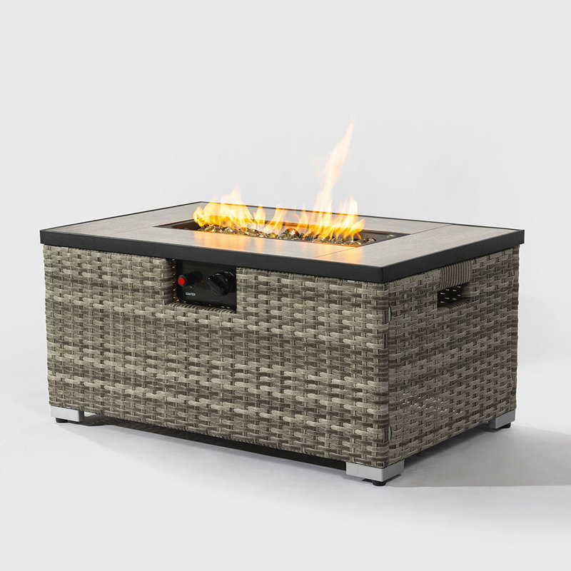 Rattan Fire Pit Table with Tank Holder and Ceramic Tile Tabletop, Beige