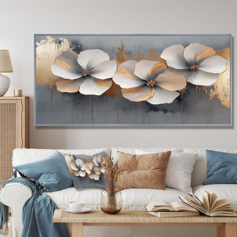 Hibiscus doré, forme pure de sérénité II - Hibiscus, art mural, H 28 po x l 60 po, Cadre flottant, Argent argent