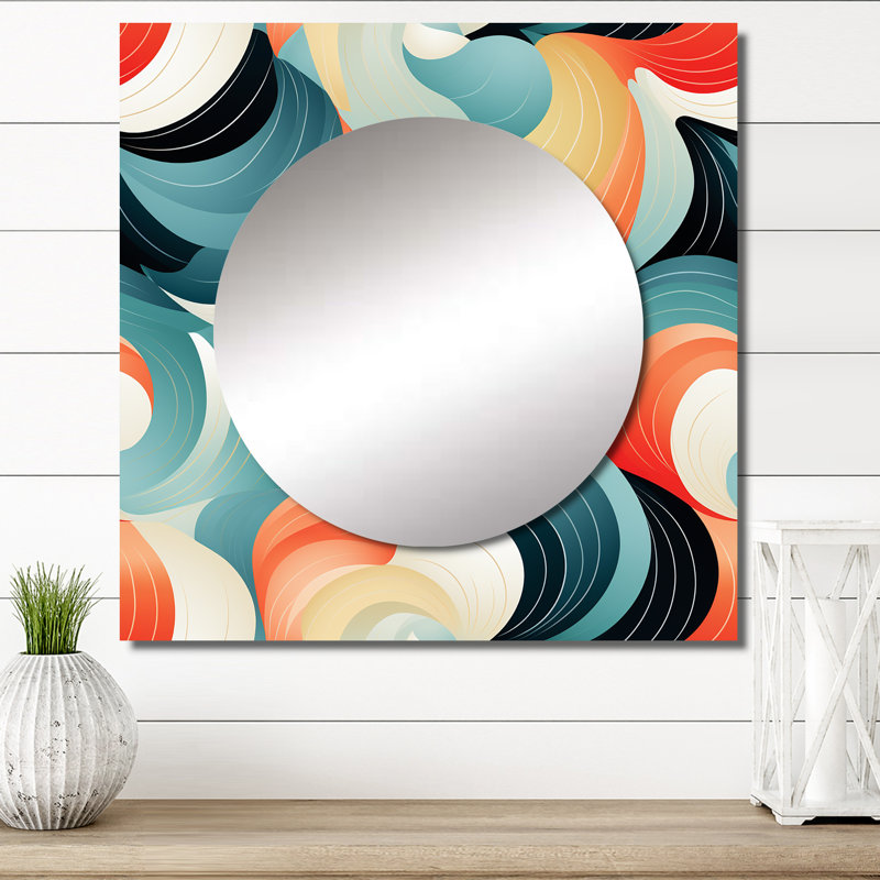 Motif ondulé géométrique orange et vert - grand miroir carré abstrait pour décoration murale, 29 po x 29 po