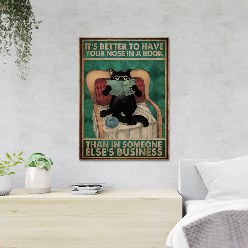 Black Cat Reading Book On Chair - It's Better To Have Your Nose In A Book - 1 Piece Rectangle Graphic Art Print On Wrapped Canvas