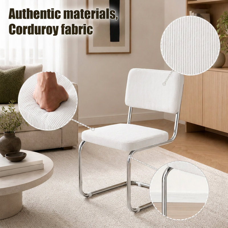 2 chaises d'appoint de salle à manger avec structure en acier inoxydable, chaise rembourrée en velours côtelé de style Mid-Century avec dossier rembourré spongieux, chaise de style Mid-Century moderne