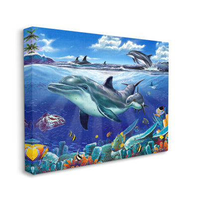 Au-484-Canvas " Dolphins Swimming Bold Coral Reef " by Interlitho Painting Print
