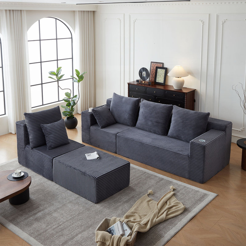 Canapé modulaire Boneless Ultimate Cloud Couch avec coussins moelleux en velours côtelé doux et porte-gobelets intégrés pour une vie moderne