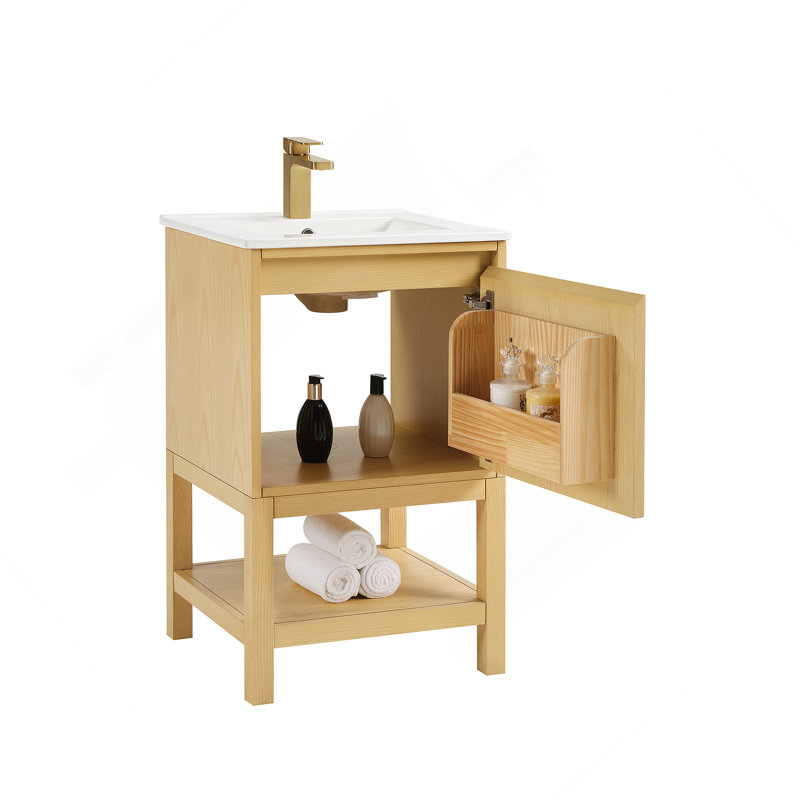 Meuble-lavabo en bois avec tablette réglable, Bois de frêne naturel